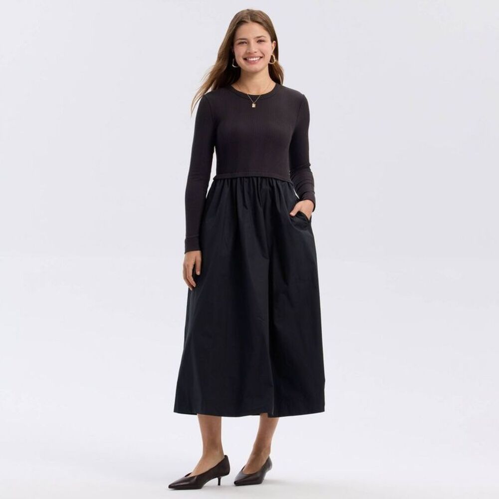 Women's Long Sleeve Woven Knit Midi Sweater Dress - A New Day Black XXL